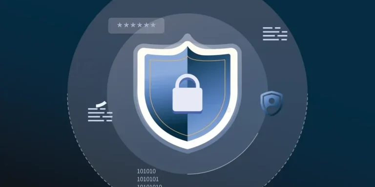 Security badge with surrounding icons.